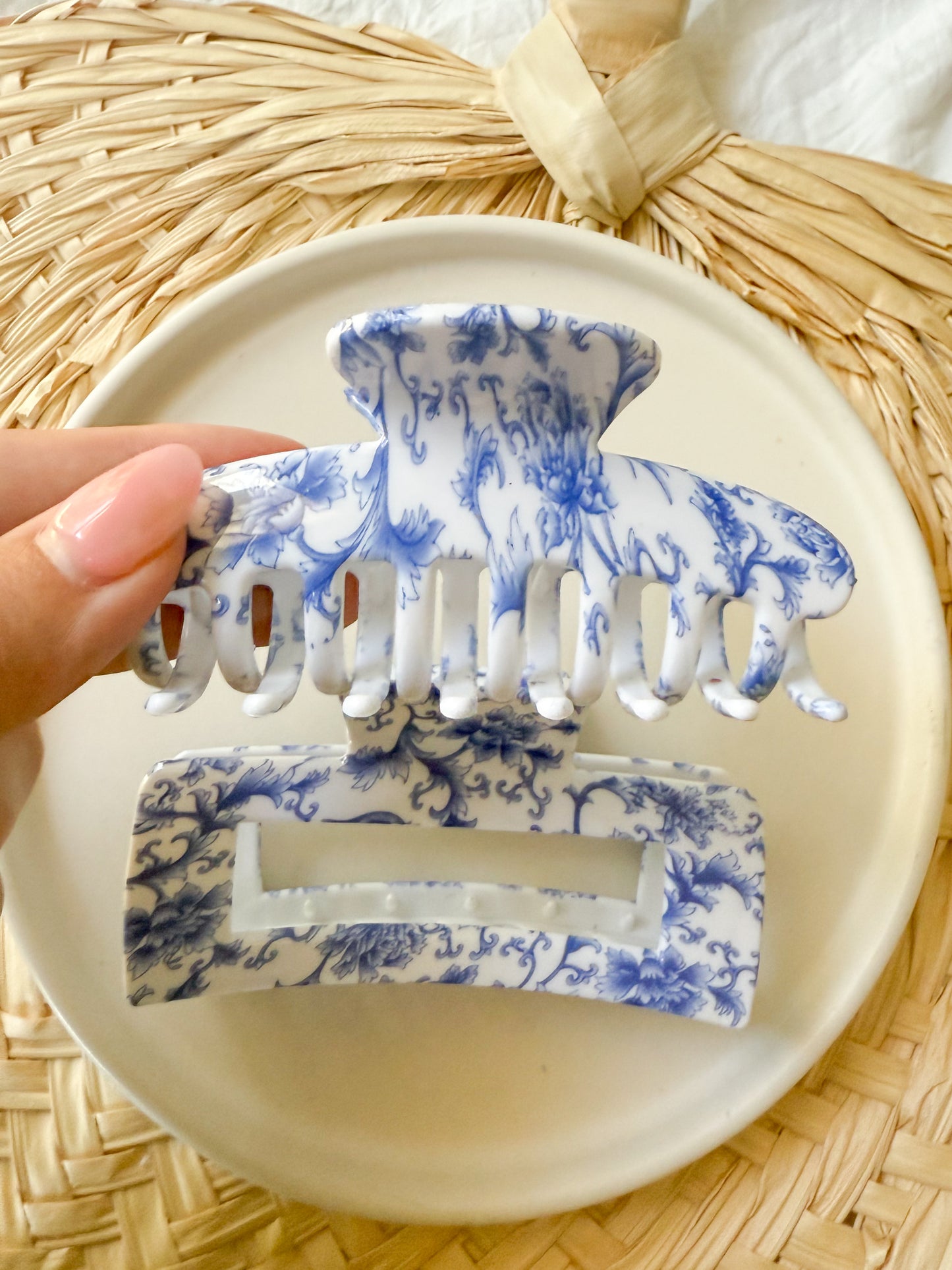 Blue and White Floral Claw Clips