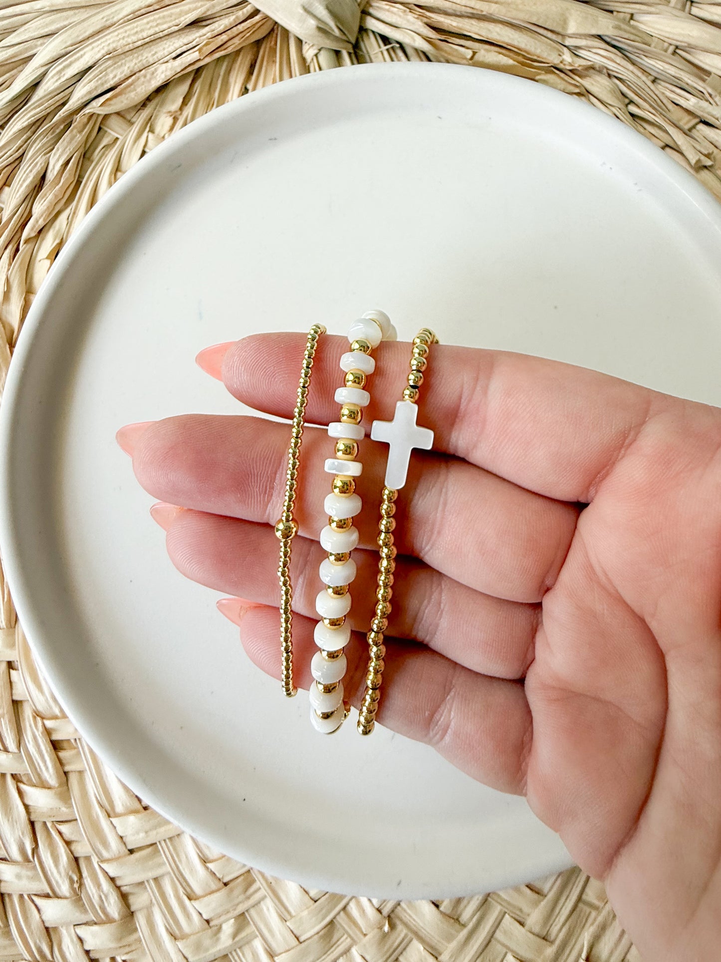 Gold Beads and white pearl Cross Bracelet